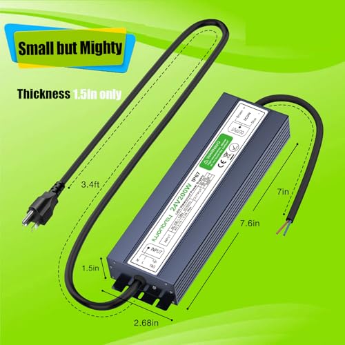 Image of LED Driver 200 Watts 24V DC Low Voltage Transformer, Waterproof IP67 LED Power Supply, Adapter with 3-Prong Plug 3.3 Feet Cable for Any 24V DC led Lights, Computer Project, Outdoor Light