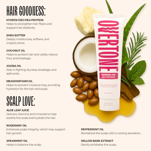 Image of Overtone Daily Color Depositing Conditioner for Hair, Raspberry Pink: Temporary Pigment with Shea, Coconut & Avocado Oils, Hydrating, Vegan & Cruelty-Free, All Hair Types, 4.5oz.