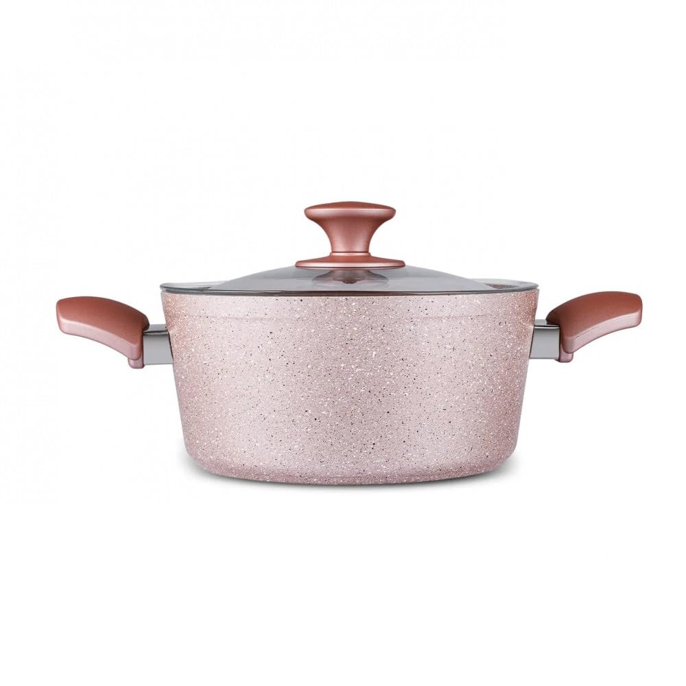 Karaca Bio Granit Töpfe und Pfannen Set, Antihaft-Kochgeschirr Set mit Glasdeckeln, 7-teilig, Kratzfest, spülmaschinengeeignet, Küchen-Kochutensilien, Induktion Roségold Topfset