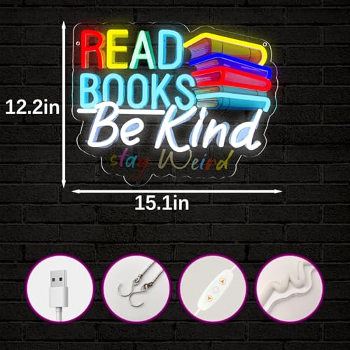 Image of Read Books Be Kind Stay Weird Neon Signs Classroom Neon Lights Wall Decor for Reading Room, Classroom, Bookstore, Library, Museum, Study Room Gifts Art-15.12 x 12.2 IN-USB Powered-Acrylic