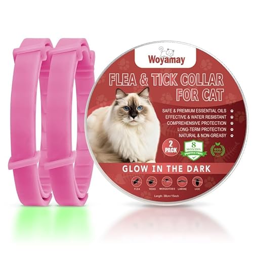 Woyamay Collar Antiparasitario Gatos, Luminous Collar Antipulgas Gatos, Seguro Collar Antipulgas y Garrapatas Gatos, 8 Meses de Protección Impermeable contra Pulgas Collar Gato Rosa Vivo, 2 Pcs