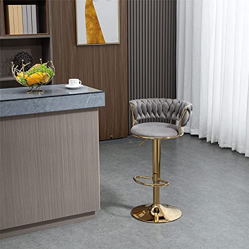 Kakotito 360° Velvet Swivel Bar Stools With Low Back & Footrest, Adjustable Counter Barstools, Gold Bar Stool (1 Barstool, Grey) #TOP4