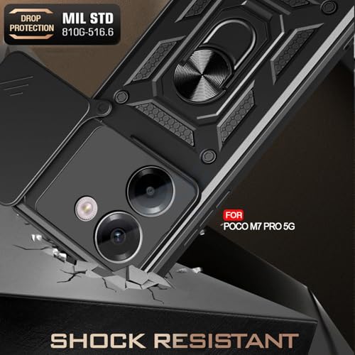 Image of AESTMO Tough Armor Poco M7 Pro 5G Bumper Back Case Cover | Ring Holder & Sliding Camera Shield Cover | 360 Degree Protection Back Case Cover for Poco M7 Pro 5G (Black)