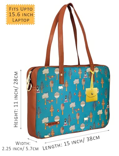 Image of Funk For Hire Women's Teal Blue Printed Vegan Leather 15.6 inch Laptop Handbag Sling with Waterproof Nylon Lining Cushioned Sleeve Adjustable Padded Shoulder Strap