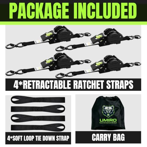 Image of Retractable Ratchet Straps, 4-Pack, 1 Inch x 12 Feet Heavy Duty Tie Downs, 1760lb Break Strength, Self Retracting for Truck, Cargo, Trailer, Motorcycle, ATV, UTV (Black-Green, 4pack)