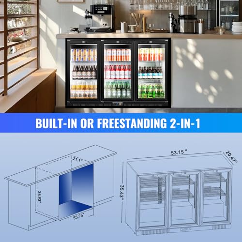 Image of Tylza Back Bar Cooler With 3 Glass Doors, 312L Under Counter Back Bar Refrigerator with LED Lighting, Safety Locks, Counter Height Bar Beverage Cooler for Beer, Soda Drinks, Wine, Black