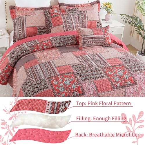 VAPUTAR Cotton Quilts Queen Size, Pink Farmhouse Bedspreads Queen Size (90 * 98 in) - 3 Pieces Lightweight Patchwork Floral Queen Quilt Bedding Set, Queen Coverlet Set Suitable for All Season
