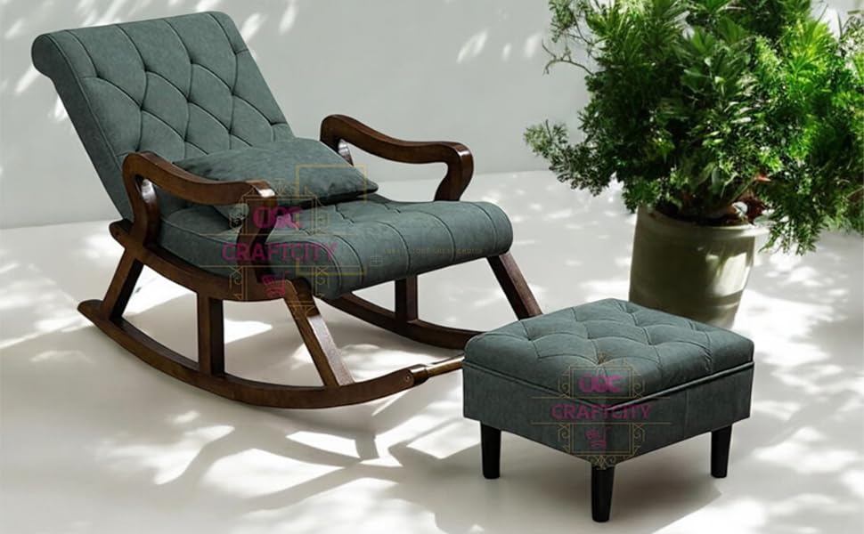 Image of CRAFTCITY Sheesham Wood Elegant Chair with Pillow and Matching Foot Stool /Living Room Chair /Rose Wood Rocking Chair,Pre-Assembled (Swed Green, Rocking Chair with Ottoman)