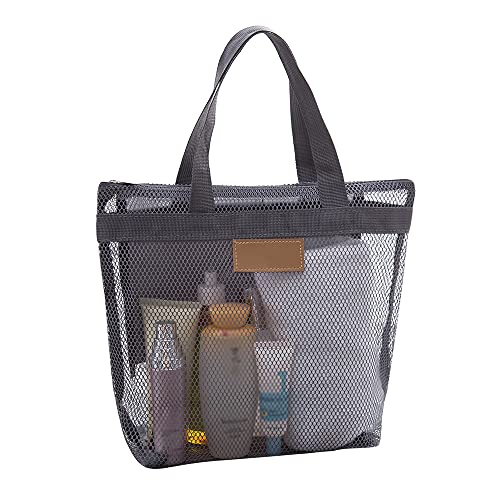 Mesh Shower Caddy, Quick Dry Portable Tote with Zipper and Inner Pocket, Beach Bag, Lightweight Bath Organizer for College Dorm, Swimming, Gym, Beach, Travel (Gray)