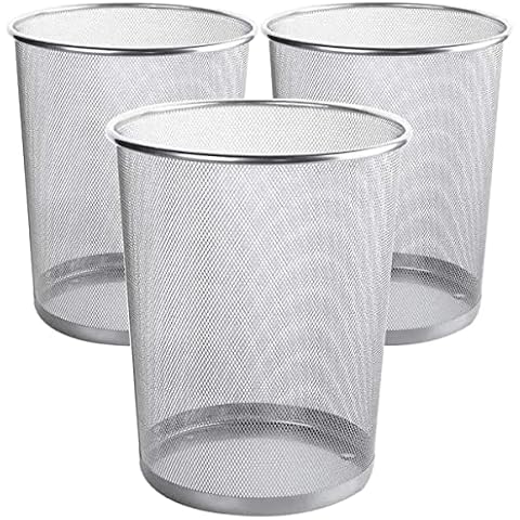 AYSUM 3 Pack Metal Mesh Waste Paper Bin 12 Litres Lightweight Mesh Wastebasket Waste Bin Silver Metal Rubbish Bin for Bedroom, Office, Bathroom, Kitchen (Silver Round) Cover