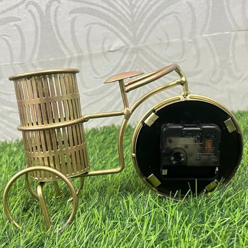 Image of Cycle Pen Stand - Golden Metal Showpiece with Clock and Pen Stand