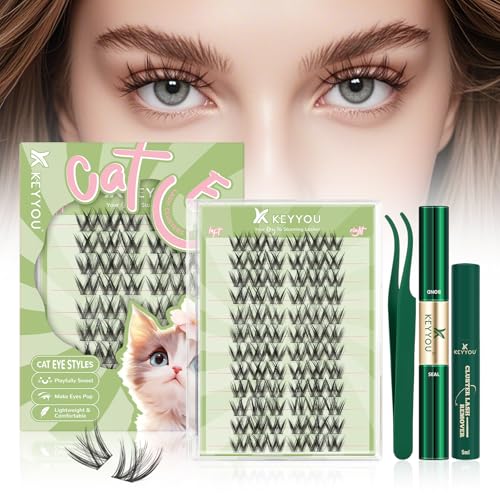 KEYYOU Lash Clusters Kit Spiky Cat Eye Lashes 72pcs Wispy Natural Cat style Lash Extension Kit with Bond and Seal,Applicators,Remover for Anime DIY Eyelash Extension Kit at Home(MC04)