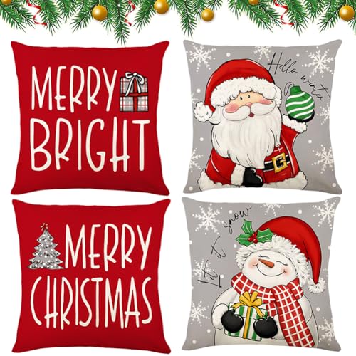 ZesGlyxyr 4 Pcs Cojines Navidad, Funda Cojin Navidad, Almohada Decorativa de Funda de Navideño, Fundas de Almohada Navideñas con Motivos de Nieve Casas de Madera de Papá Noel - 45x45CM