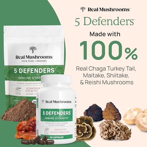 Real Mushrooms RM-5D45C 5 Defenders Capsules - Organic Mushroom Extract W/Chaga, Shiitake, Maitake, Turkey Tail, & Reishi - Mushroom Supplement thumb #1