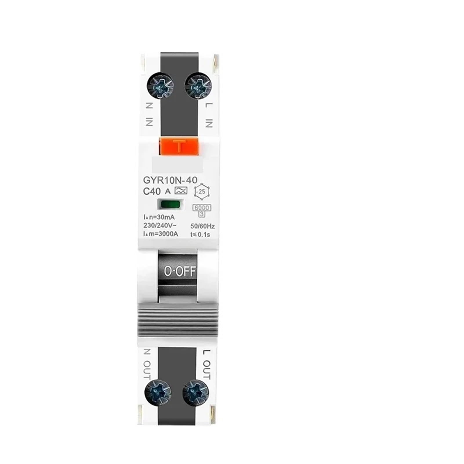 1 x elektroniczny wyłącznik różnicowy GYR10N-40 18 mm 230 V 1P + N 6KA (typ A, 32A 30mA)