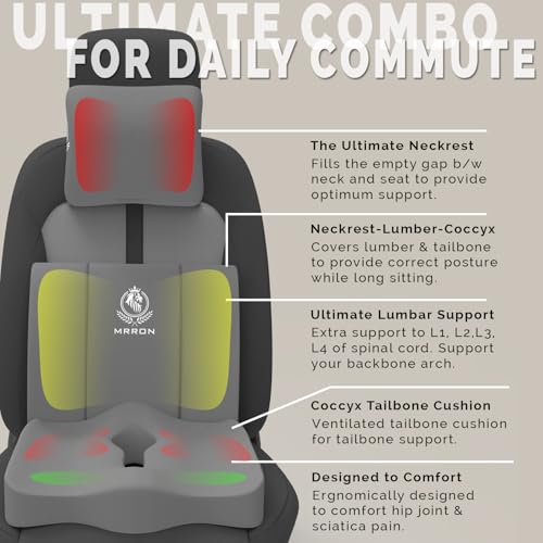 Image of MRRON Memory Foam Car Seat Cushion Combo - Backrest, Coccyx Cushion & Neckrest - Orthopedic Support for Back, Sciatica & Neck Pain - Ergonomic Comfort for Car, Office. (Grey, Backrest)