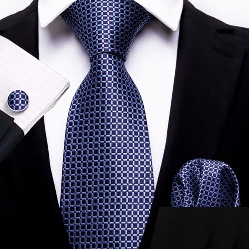 Image of Barry.Wang Mens Tie Set Plaid Check Neckties Formal Business Wedding Luxury Pocket Square Cufflinks