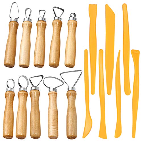 10pcs Pottery Clay Sculpting Carving Tool & 7Pcs Plastic Clay Shaping Tools, SENHAI Wooden Handle Flat Wire Modeling Tool Art Supplies for Shaping and Sculpting