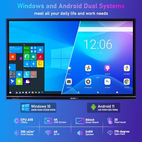 Image of Interactive Whiteboard, 86inch Smart Board with 4K UHD Touch Screen Flat Panel, All in One Digital Electronic Whiteboard Built in Dual System for Conference