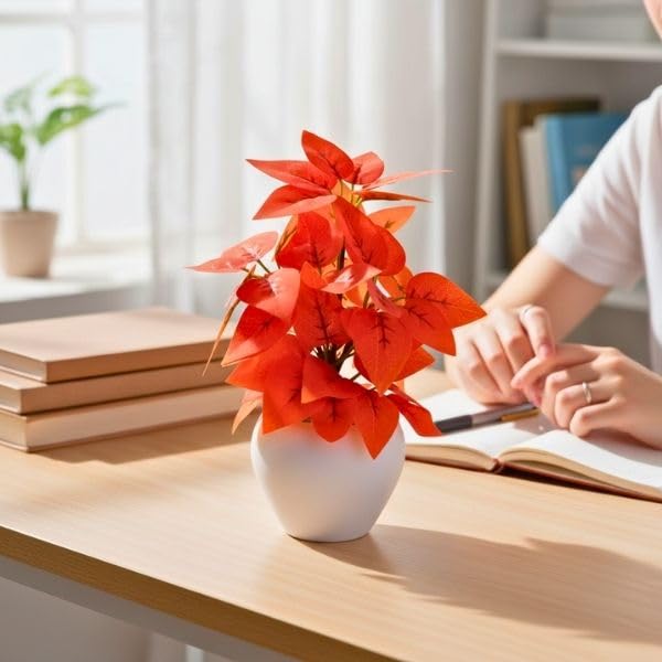 Image of fancymart Artificial Plant Leaves in Apple Pot (30 cm Height) | Small Potted Plant for Office Desk | Home Decor for Living Room | Cafe & Restaurant Table Decoration