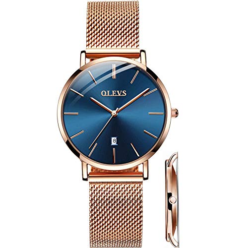 OLEVS Rose Gold Watches for Ladies Ultra Thin Watch Women's Bracelet Watch Gold Blue Dial Waterproof Dress Wristwatches Simple Elegant Lady Watches with Day Classic Stainless Steel Mesh Watches