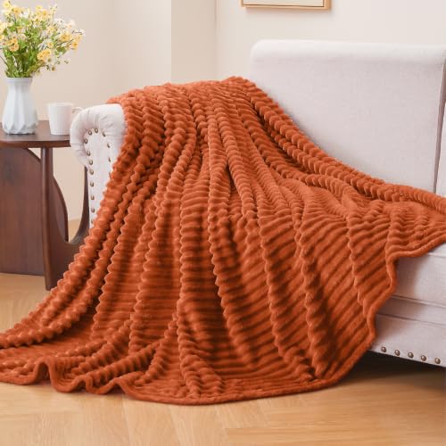 Image of BEDELITE 3D Ribbed Terracotta Fleece Throw Blanket for Couch, 50x60 Inch