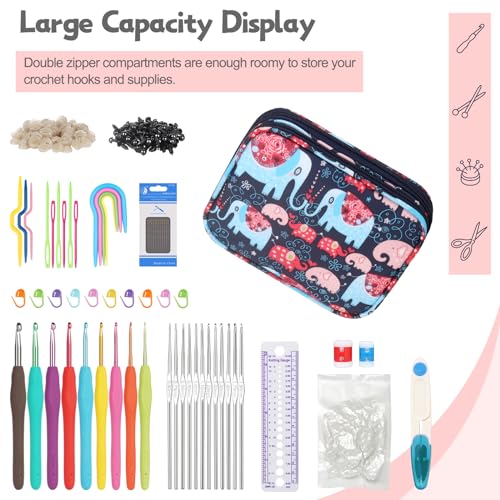 Image of Katech Portable Travel Crochet Storage Bag Organizer with Zipper, Web Pocket and Crochet Holder Slots for Knitting Accessories (Elephant Pattern)