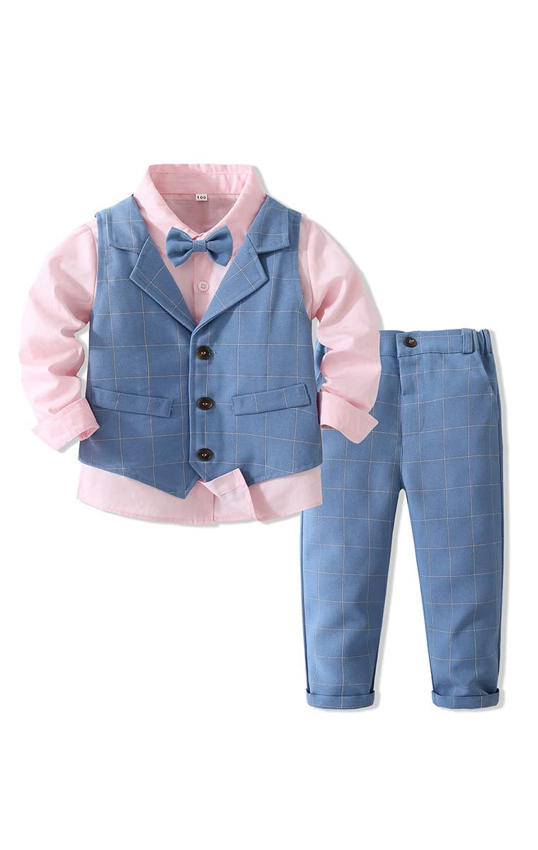 Baby Toddler' 4 PC Formal Tuxedo Outfits Set with Pink Shirt,Bowtie,Plaid Vest and Plaid Pant