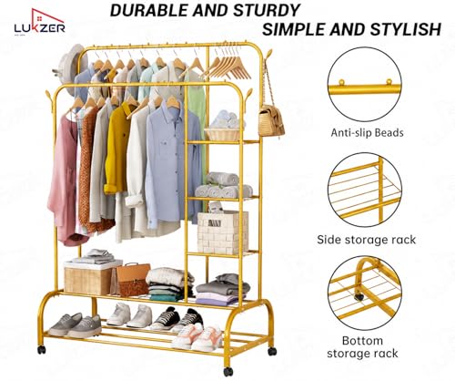 Image of Lukzer Metal Garment Stand with 6 Shelves & Double Rods, Heavy-Duty Clothing Rack with Side Hooks & Wheels, Multi-Functional Storage Organizer for Bedroom, Laundry & Entryway - (MGS-008 /Gold)