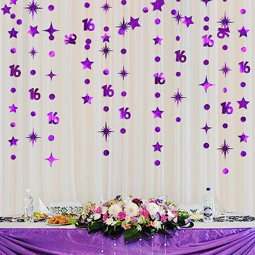 Image of Purple Number 16 Circle Dot Twinkle Star Garland Kit Metallic Hanging Streamer Bunting Banner Backdrop Decorations for Girls Boys 16th Birthday Sweet Sixteen Wedding Anniversary Bridal Shower Party