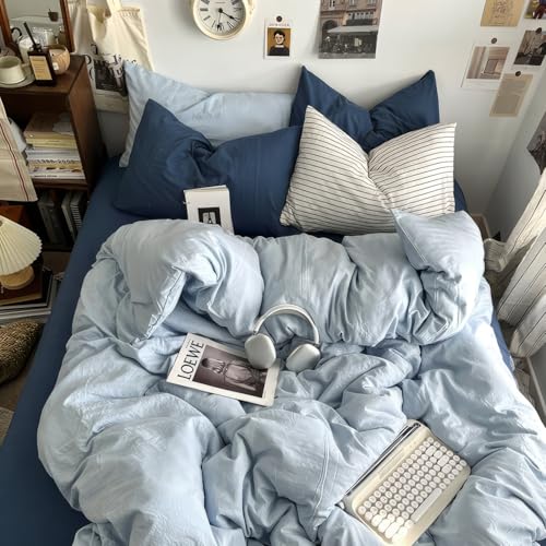 Image of mixinni 100% Washed Cotton Duvet Cover Set King Size, Solid Light Blue Ocean Themed Chic Bedding, Soft Breathable Minimalist Comforter Cover with Zipper Closure & Corner Ties-King Size
