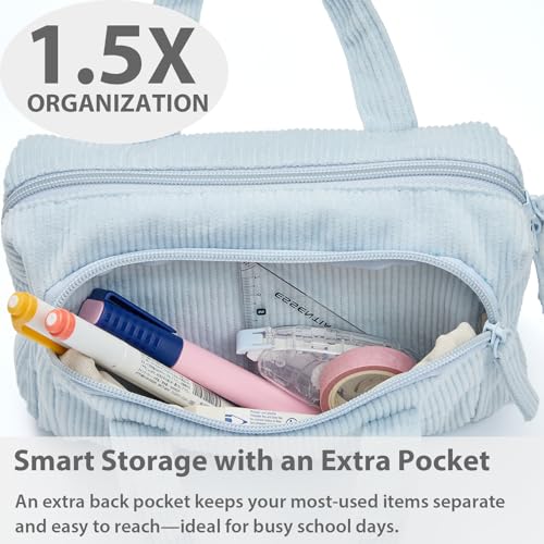 Image of SPACEMATE Pencil Case Pouch Box Bag School Supplies Girls Boys Kids, Cute Preppy Stuff Large Big Capacity Aesthetic Pen Organizer, Back to College Stationary, Baby Blue, Corduroy Style, 1800ml