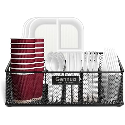 Gennua Kitchen Paper Plate Organizer for Cabinet, Counter, Picnics, Parties & More, Extra Large Utensil Caddy Crafted of Thick Iron Mesh With 6 Compartments for Paper Plates & Plastic Silverware Cover