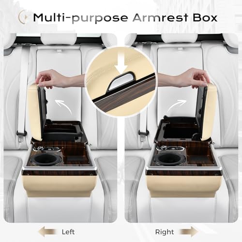 Image of Coverado Center Console, Universal Bench Seat Center Console with Wireless Charging & Cup Holder & 7 Light Modes, Truck Back Seat Car Organizer, Rear Central Car Armrest Box with Storage, Beige