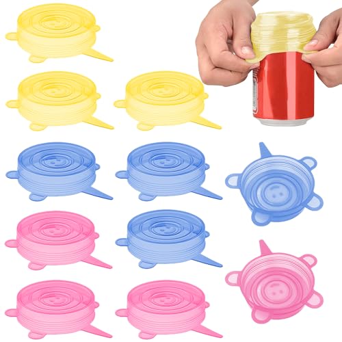 Tapas Silicona Ajustables Cocina para botes 12 uds ecologicas elasticas reutilizables Sin BPA Lavado a lavavajillas tapa botes tarro Lata Comida Mascotas tapa latas refresco azul rosa amarilla