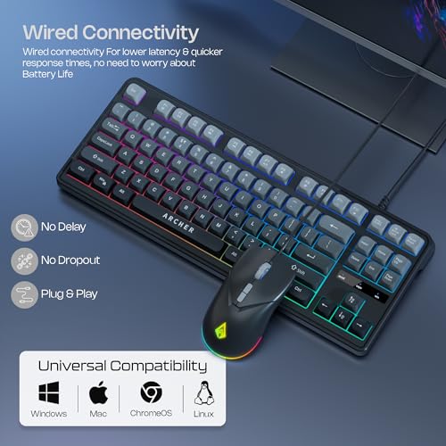 Image of Archer Tech Lab Wired Gaming Keyboard and Mouse Combo| RGB Backlit, 87 Keys with 19 Anti-Ghosting, 7-Button Mouse, Adjustable 4 DPI (1200-3600) USB Plug & Play for PC Laptop Mac PS5 Xbox (Astra G300)