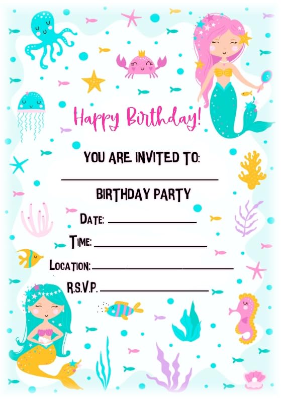 MrPurple Mermaid Themed Children's Birthday Party Invites - Portrait Smiling Design - Party Supplies/Accessories (Pack of 12 A5 Invitations) (WITH Envelopes)