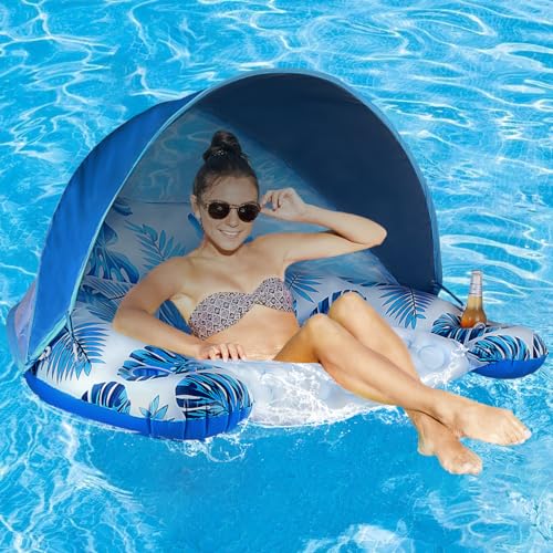 Image of COOLCOOLDEE Pool Float with Canopy, Cup Holder - XL Pool Chair Lounge Float with Adjustable Sun Shade Cover, Drink Holder, Ergonomic Headrest,Inflatable Pool Float for Adults
