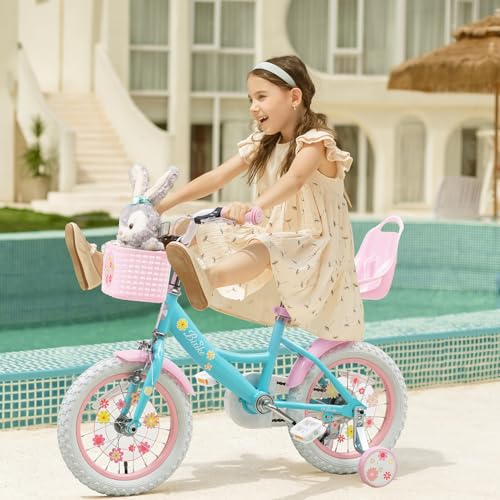 Image of Girls Bike with Basket for Toddlers and Kids Aged 3-14 Years Old, 12 14 16 18 Inch with Training Wheels & Doll Seat, 20 Inch with Kickstand & Rear Rack, Princess Style Bicycle for Gift.