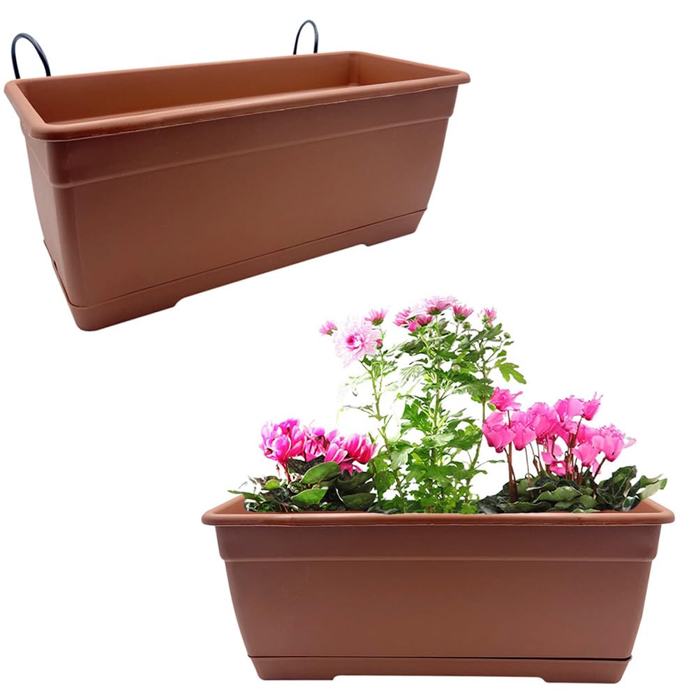 VIRSUS 2 Fioriere Rettangolari per Balcone BIRK5, Color MATTONE, Sottovaso integrato, Vaso in Resina con supporto in ferro da Appendere a Finestre e Balconi, Capacità 8,6 Litri (50x17x16 cm)