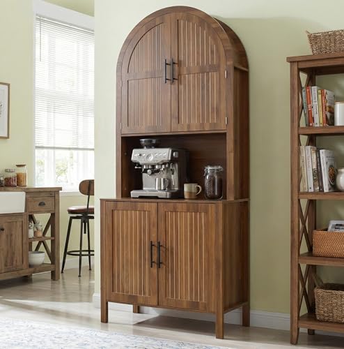 76' Tall Arched Kitchen Pantry, Large Kitchen Storage Cabinet with Fluted Doors and Microwave Stand, Modern Wood Buffet Sideboard, Adjustable Shelves, Cupboard for Dining Room, Living Room, Walnut