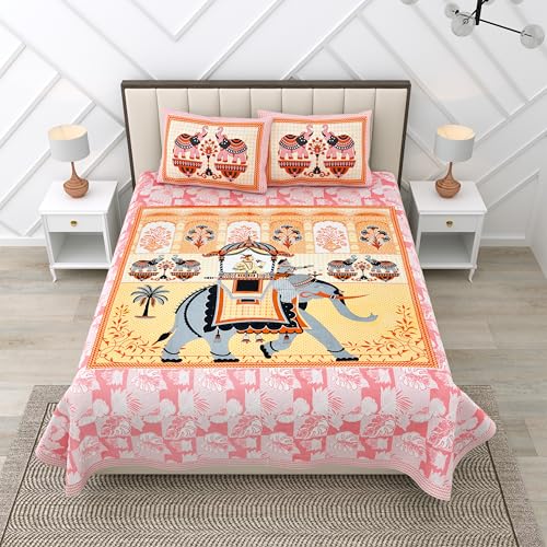Image of RajasthaniKart Pure 100% Cotton Double Bed Sheet with 2 Pillow Covers (Bedsheet for Double Bed Cotton, Maharaja Elephant Jaipuri, King Size,5303)