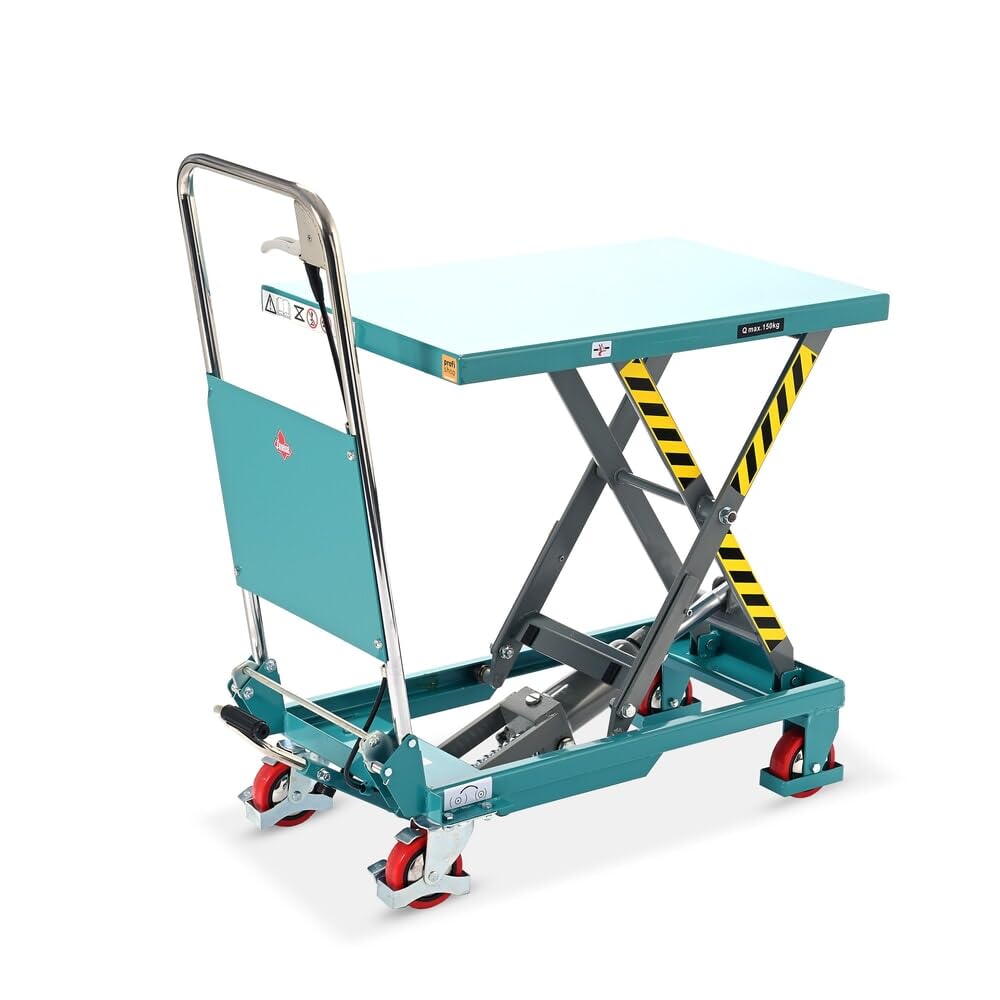 Ameise Scheren-Hubtischwagen LTT | 220-720 mm Hubbereich | 150 kg Tragkraft | 700x450 mm Plattform | Fahrbarer Hubtisch mit klappbarem Bügel | Fußbetriebene Hydraulikpumpe | Stahl | Türkisblau