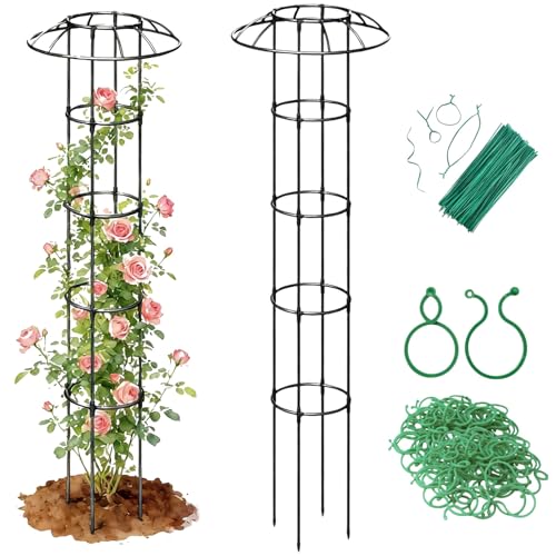 Jesosia Garden Trellis for Climbing Plants Outdoor - Unique Umbrella Top Round Trellis for Indoor Potted Plant - 64" Tall Rustproof PE Coated Metal Pipe Obelisk Support Ivy Vine Rose Grape Vegetable