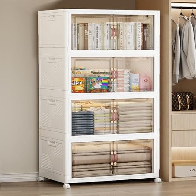 SAILUN 628QT Extra Large Collapsible Storage Bins with Wheels and Lid, Stackable Bins Open Closet Organizers and Storage Storage Containers Drawers,30 L ¡Á 19.7 W ¡Á 66 H£¨4 Pack£©