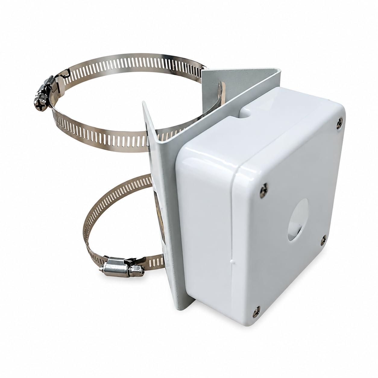 Pole Mounting Bracket with 2 Stainless Steel Rings & 4x4 Junction Box | for CCTV Camera | Outdoor/Indoor Wall & Pole Mount | Universal Fit for Bullet & Dome Security Cameras (White)-image-43