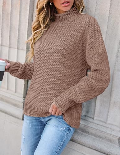 ZESICA Women's 2024 Turtleneck Batwing Sleeve Loose Oversized Chunky Knitted Pullover Sweater Jumper Tops,Khaki,Medium