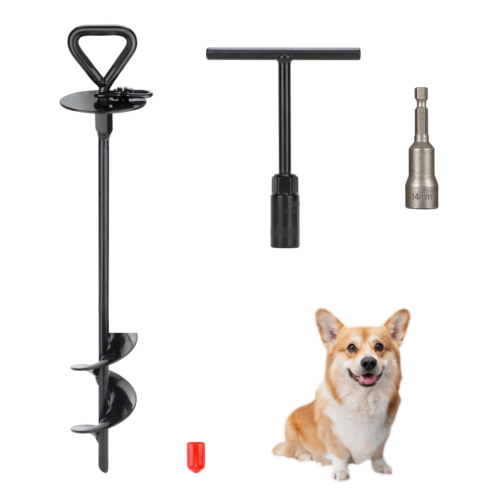Palo per legare cani da 38,1 cm, picchetto di ancoraggio a terra, picchetto a spirale per guinzaglio per cani per campeggio all'aperto, palo resistente con chiave a T e presa