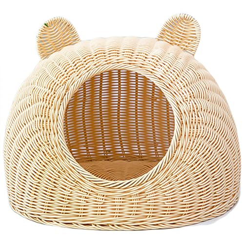Uranus キャットハウス 籐編み 猫ちぐら ドーム型 ベッド 猫用ハウス 通気性 半密閉式 おしゃれ 四季対応 丸洗い可 ペットハウス 夏用 室内 小型犬対応 (L,ベージュ)