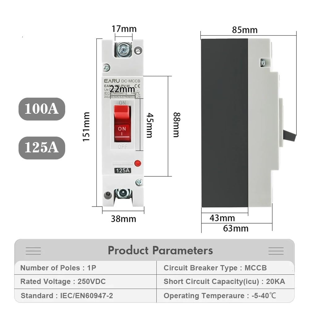 Interruttore Magnetotermico Interruttore di Protezione da sovraccarico con Scatola Stampata Solare DC 250V 500V DC for Solare fotovoltaico PV 100A 125A Interruttori Automatici(1P,125A)